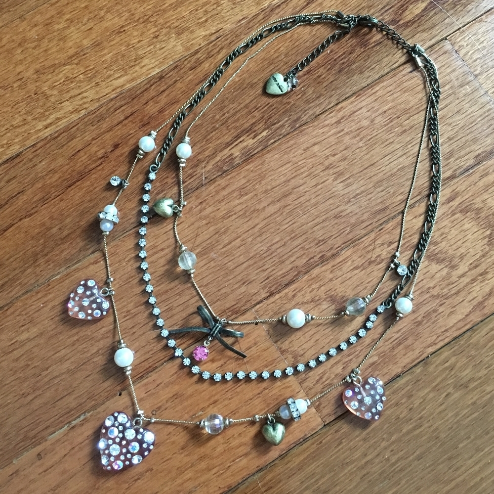 Betsey Johnson Three Stand Necklace in Pink & Gold